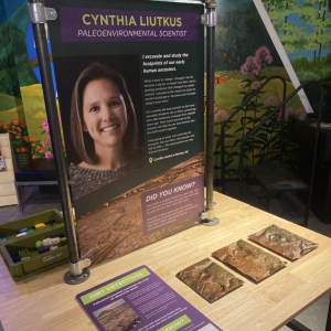 Educational museum exhibit honoring paleoenviron­mental scientist Cynthia Liutikus, with fossil displays, an information panel, and interactive activities.