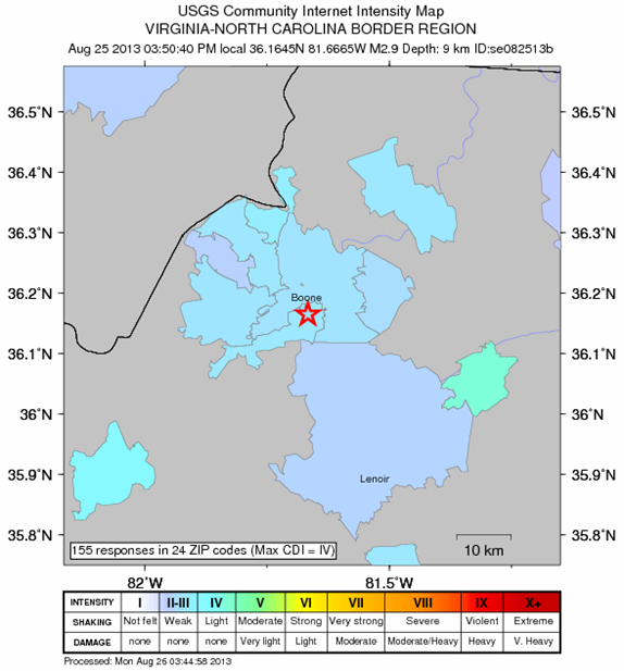 USGS Community Internet Intensity map for Blowing Rock event