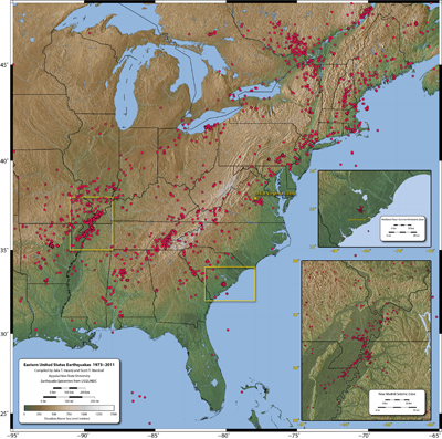 map of earthquake locations in eastern US