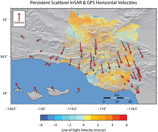 "Persistent Scatterer InSAR & GPS Horizontal Velocities" map showing line of sight velocity in mm/yr