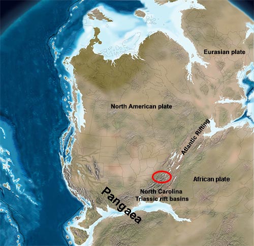 map showing what NC landscape would have looked like around the time rift basins were forming