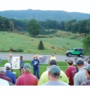 Ellen Cowan discusses the local landscape and geology with Carolina Geological Society members